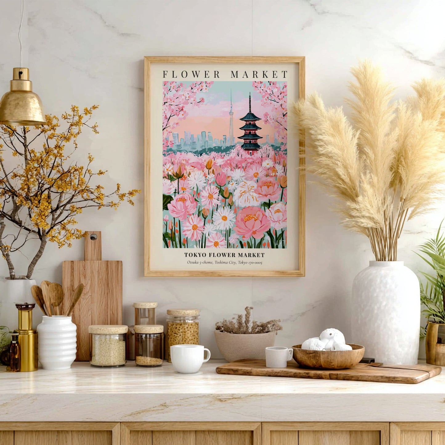 Tokyo Flower Market print featuring pink blossoms and traditional architecture in vibrant colors