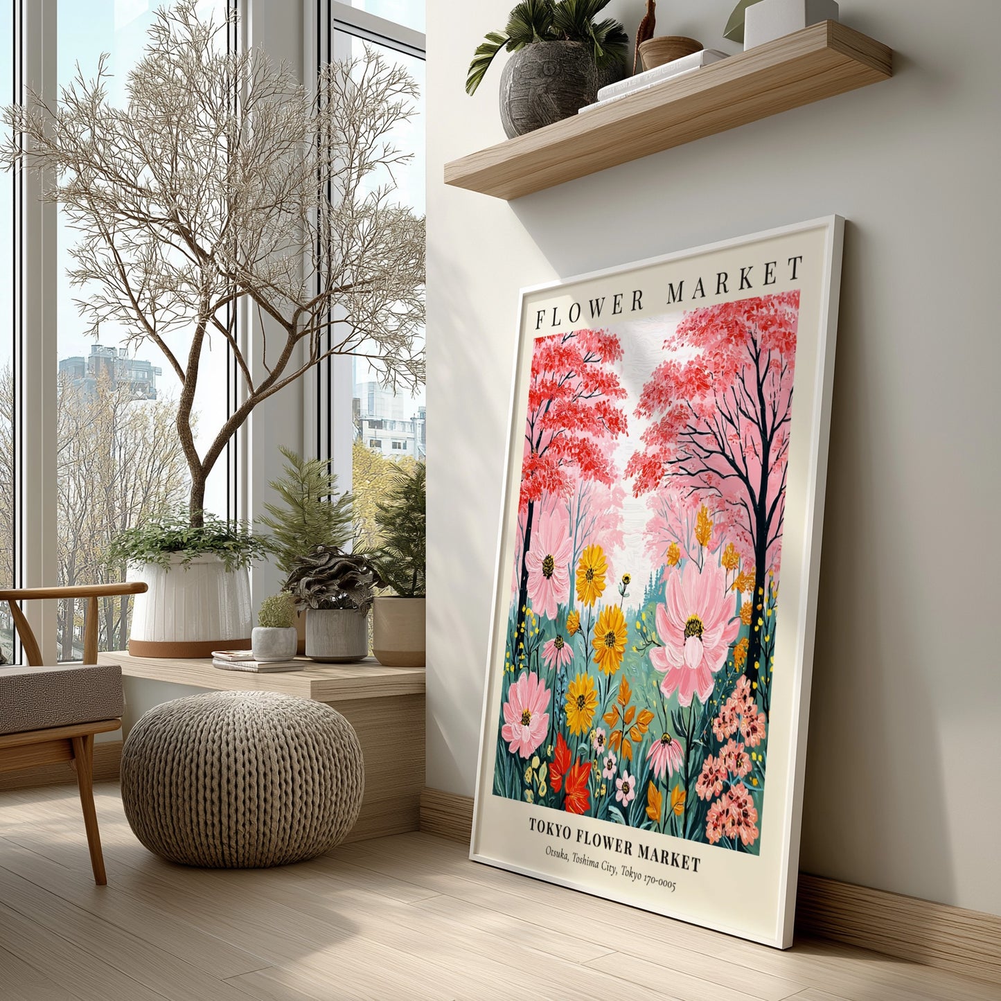 Tokyo Flower Market poster featuring vibrant flowers in pink, yellow, and green, ideal for wall decor.