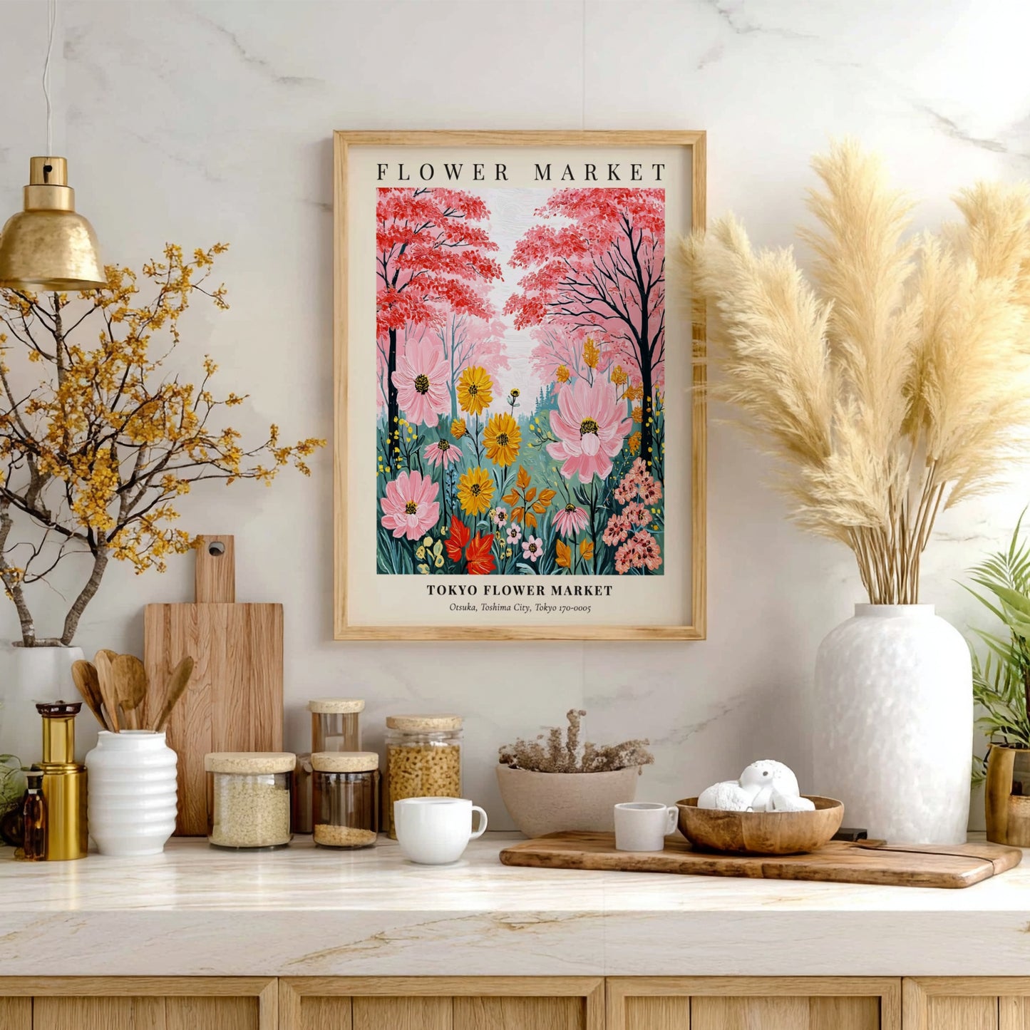 Tokyo Flower Market poster featuring vibrant flowers in pink, yellow, and green, ideal for wall decor.