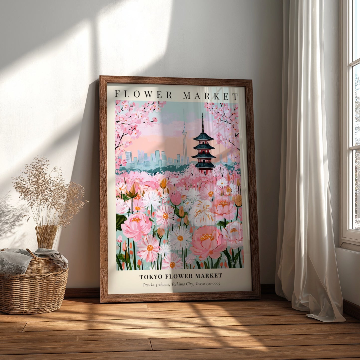 Tokyo Flower Market print featuring pink blossoms and traditional architecture in vibrant colors