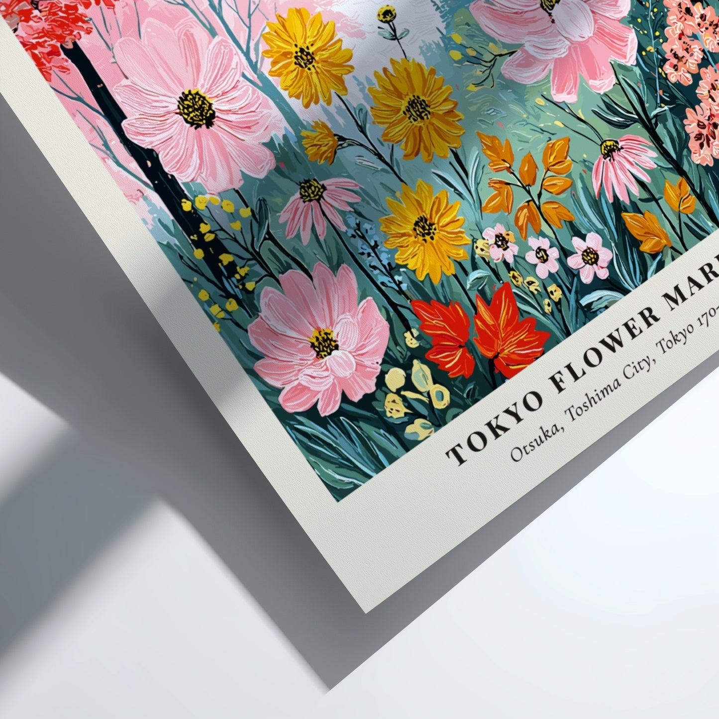 Tokyo Flower Market poster featuring vibrant flowers in pink, yellow, and green, ideal for wall decor.