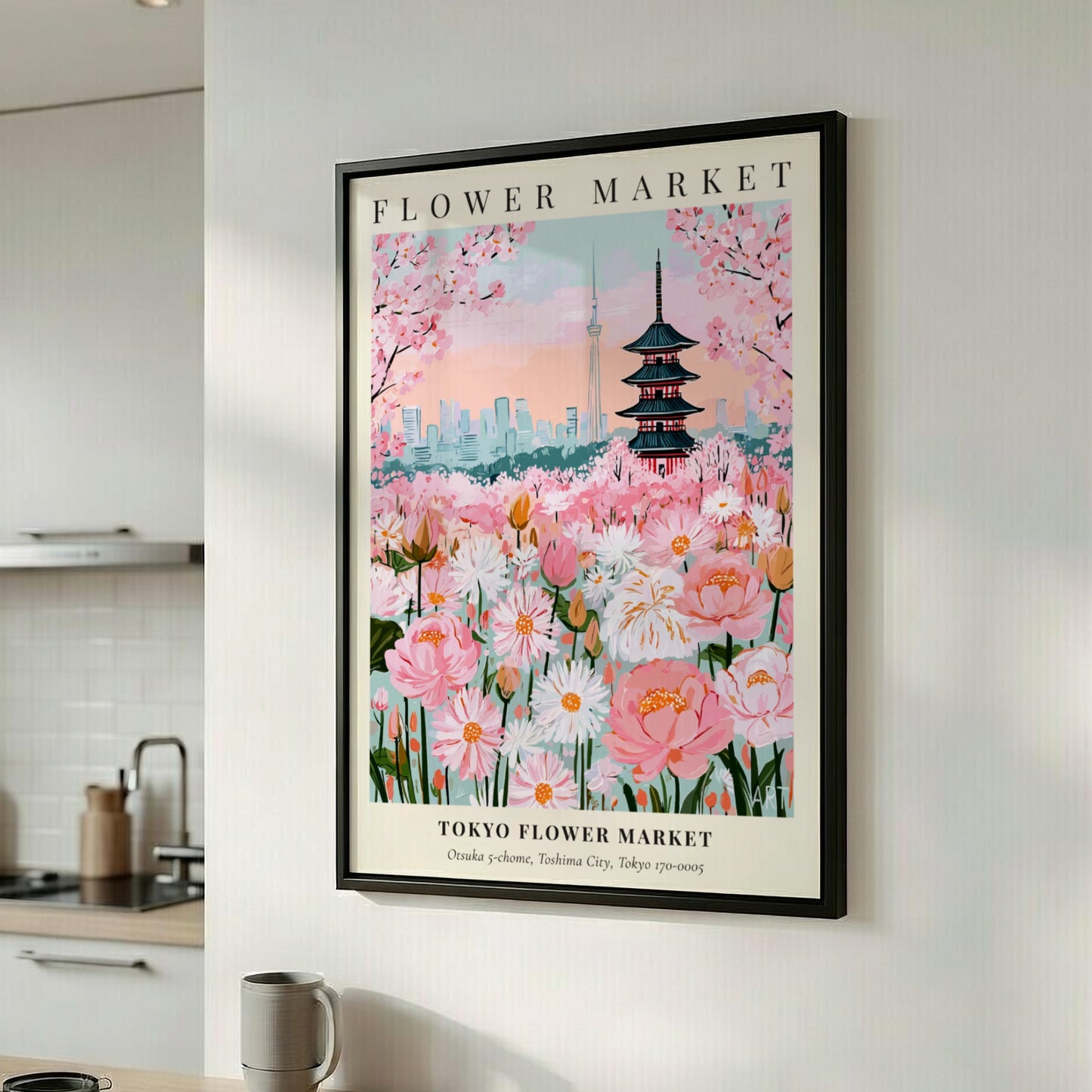Tokyo Flower Market print featuring pink blossoms and traditional architecture in vibrant colors