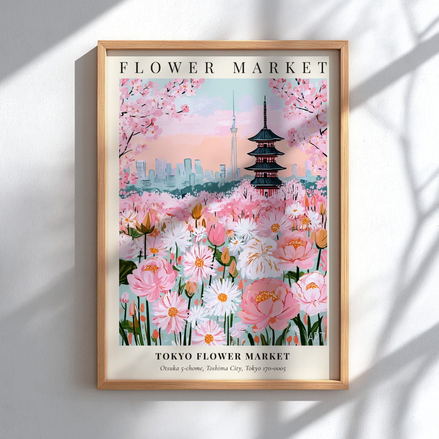 Tokyo Flower Market print featuring pink blossoms and traditional architecture in vibrant colors