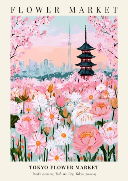 Tokyo Flower Market print featuring pink blossoms and traditional architecture in vibrant colors