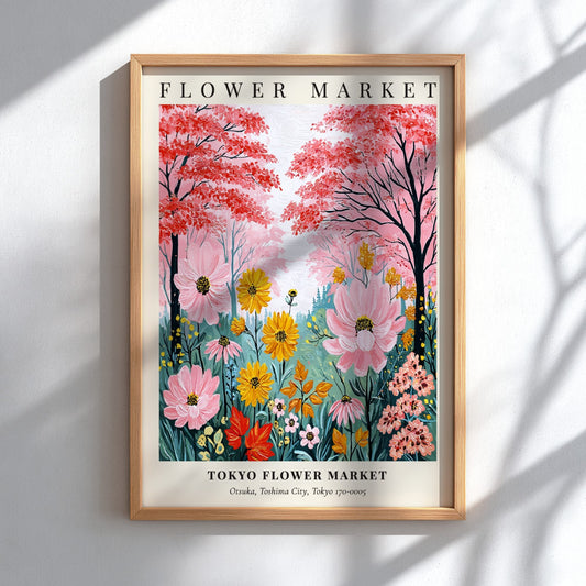 Tokyo Flower Market poster featuring vibrant flowers in pink, yellow, and green, ideal for wall decor.