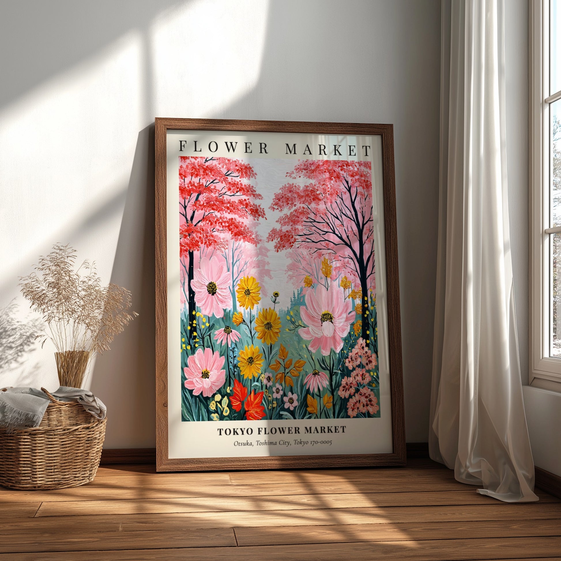 Tokyo Flower Market poster featuring vibrant flowers in pink, yellow, and green, ideal for wall decor.