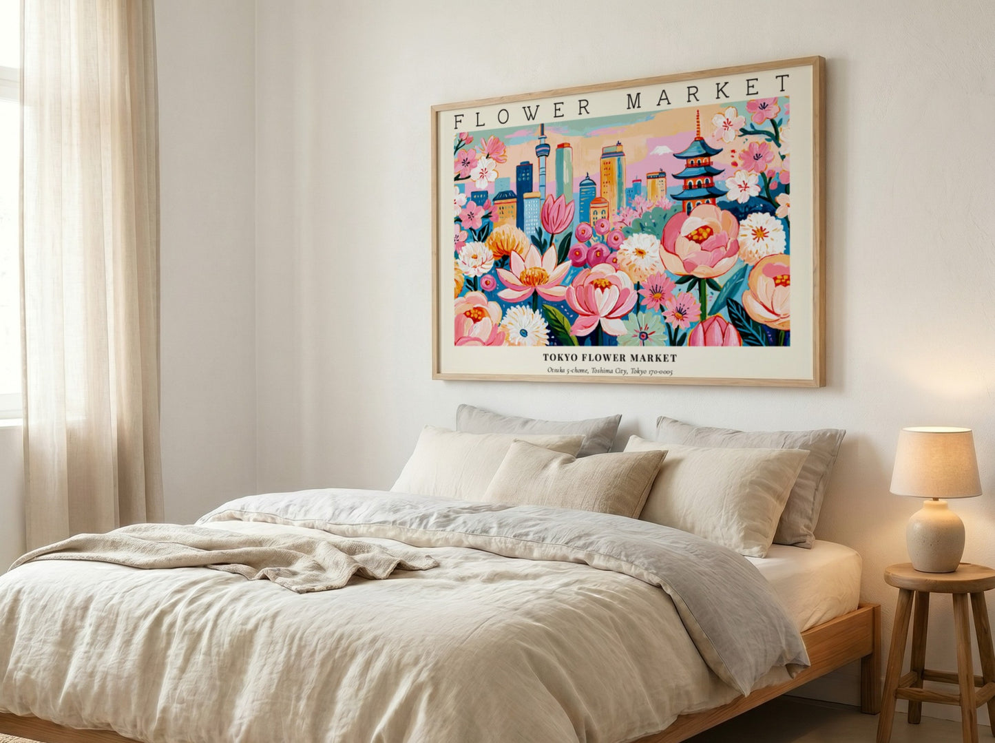Flower market poster featuring vibrant pink flowers and a city skyline