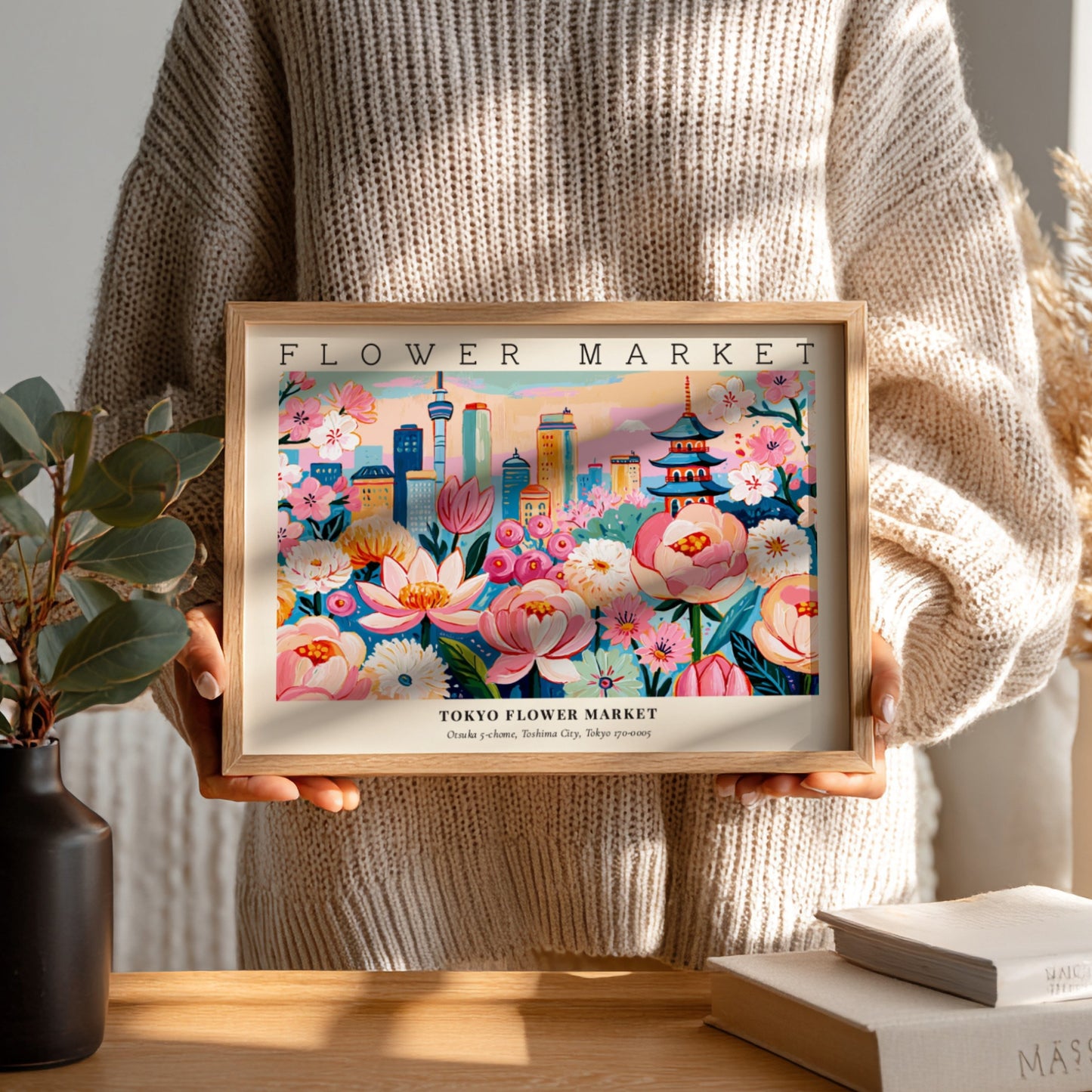 Flower market poster featuring vibrant pink flowers and a city skyline