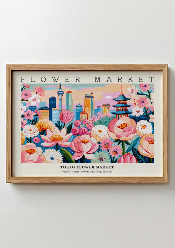 Tokyo flower market poster featuring vibrant flowers and city skyline in colorful design