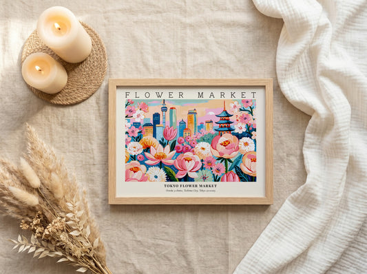 Tokyo flower market poster featuring vibrant flowers and city skyline in colorful design