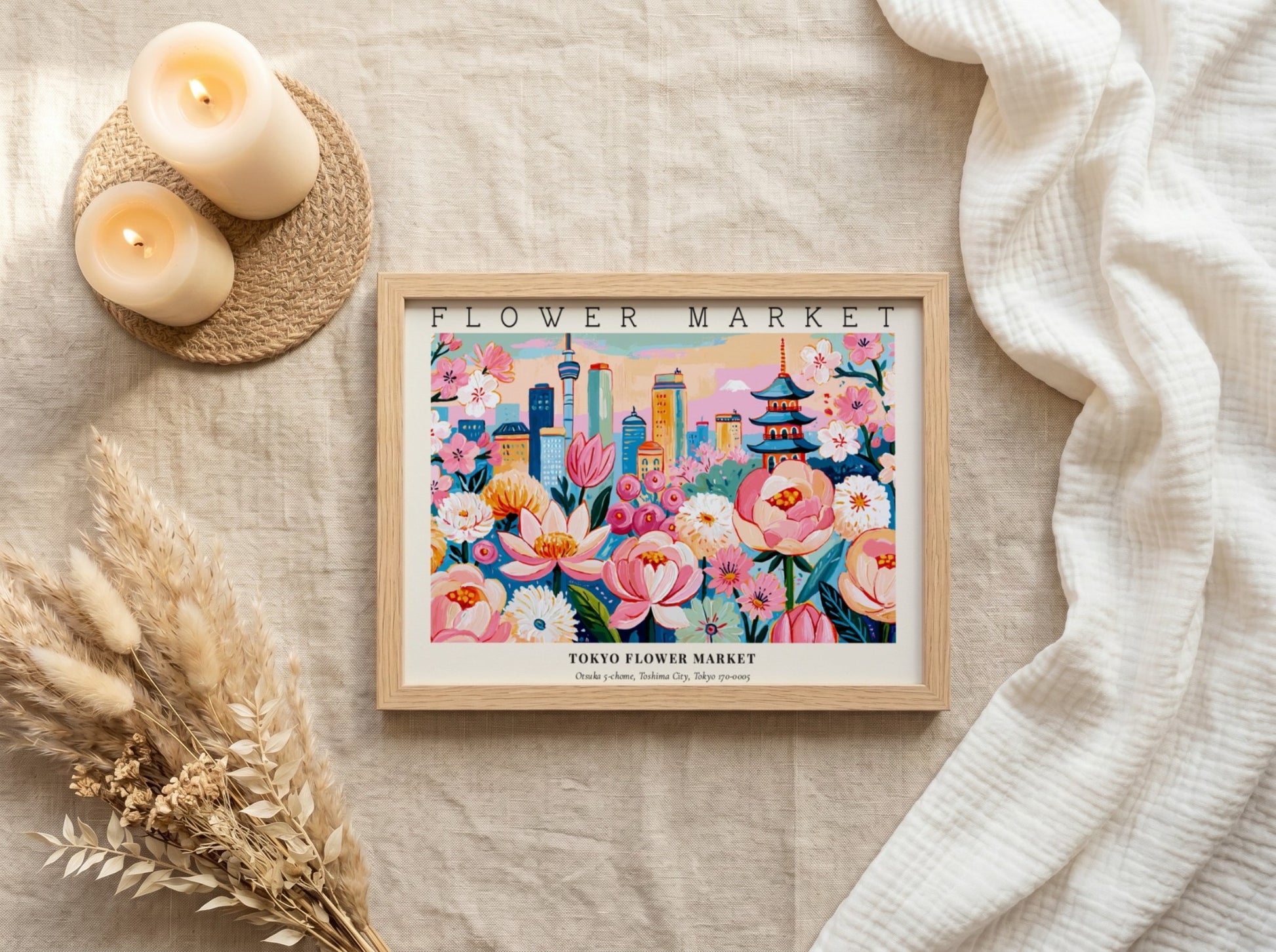 Flower market poster featuring vibrant pink flowers and a city skyline