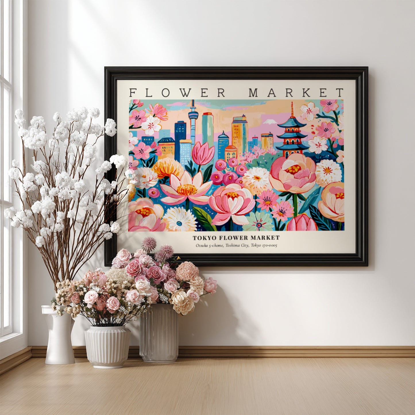 Flower market poster featuring vibrant pink flowers and a city skyline
