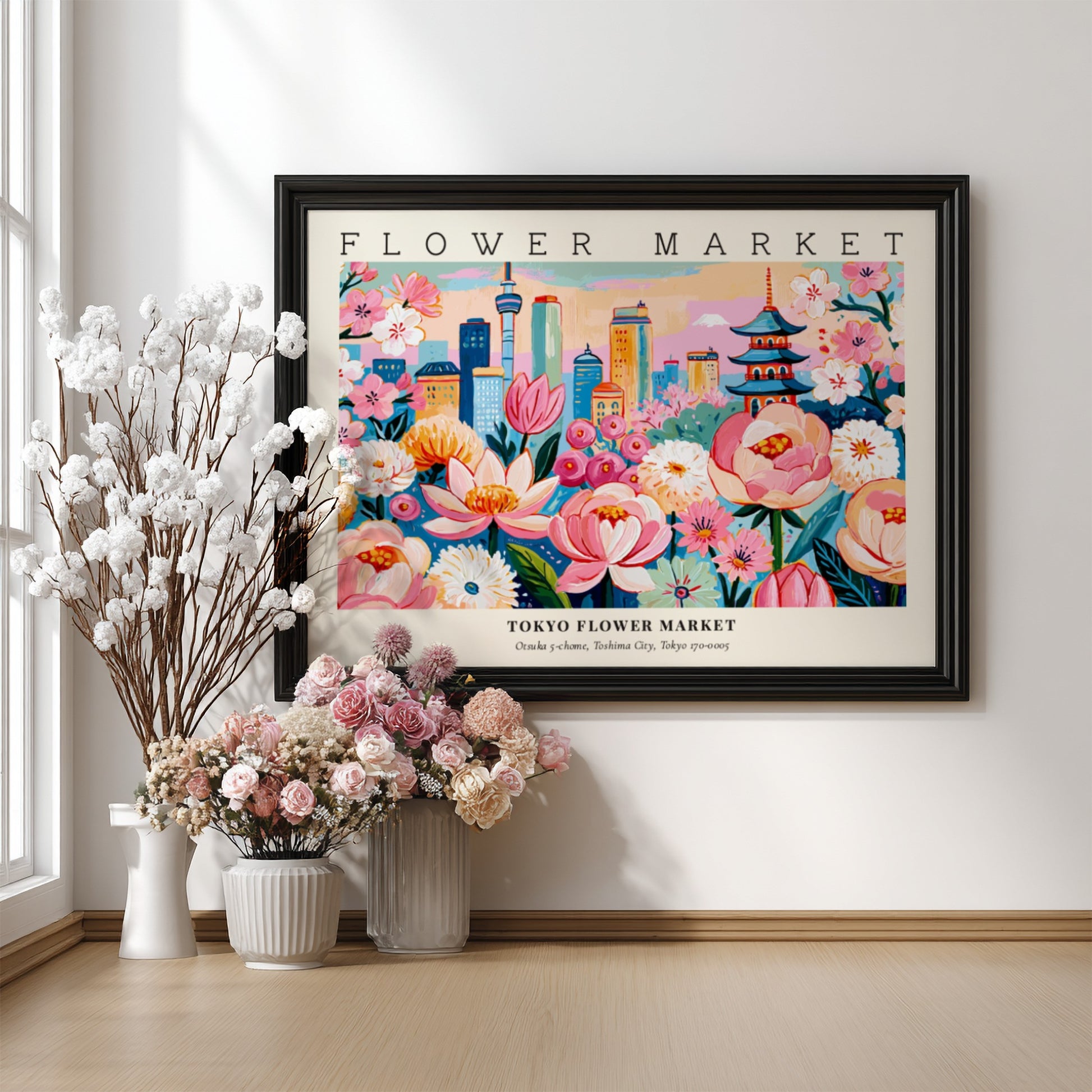 Flower market poster featuring vibrant pink flowers and a city skyline