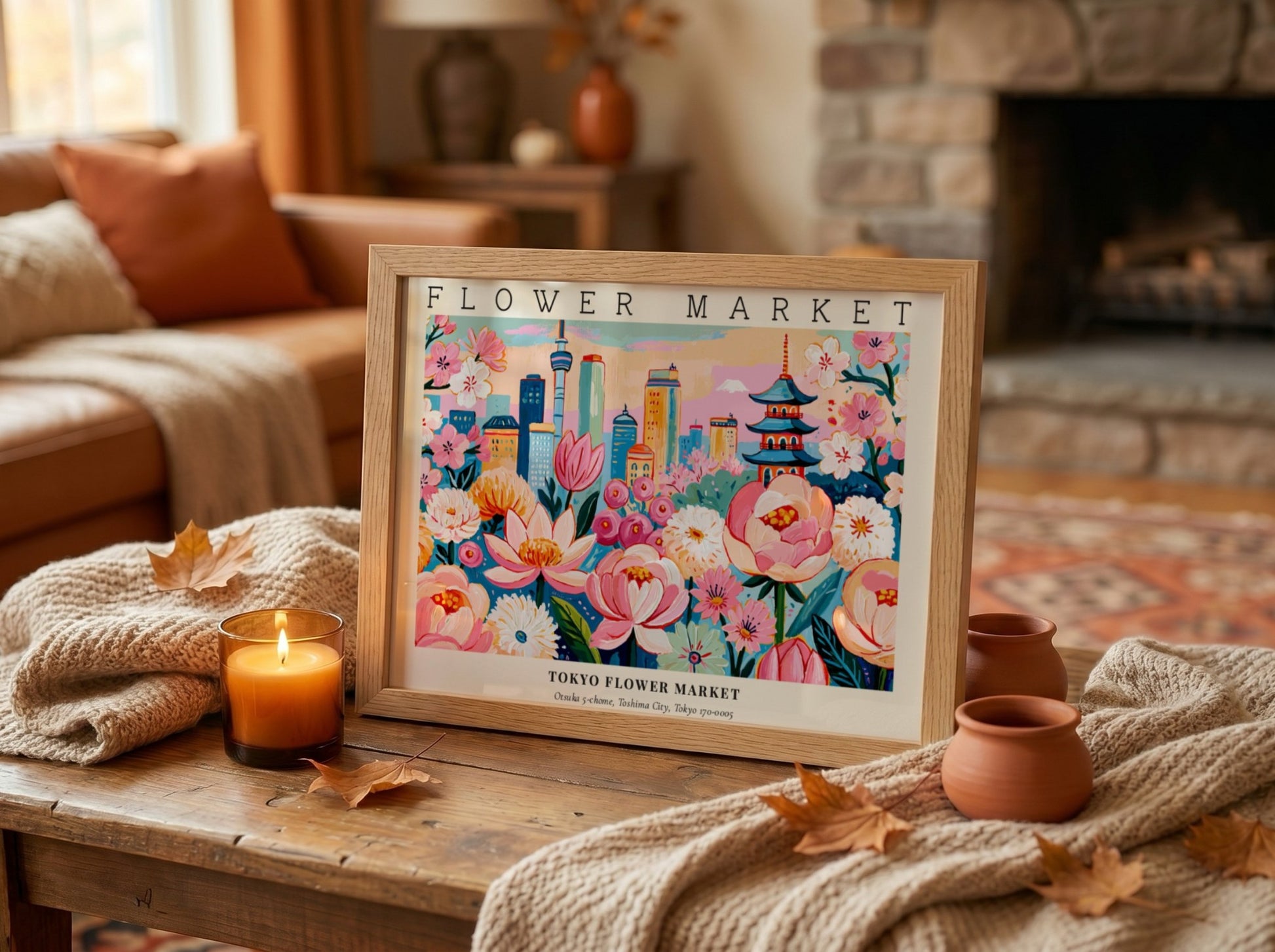 Flower market poster featuring vibrant pink flowers and a city skyline
