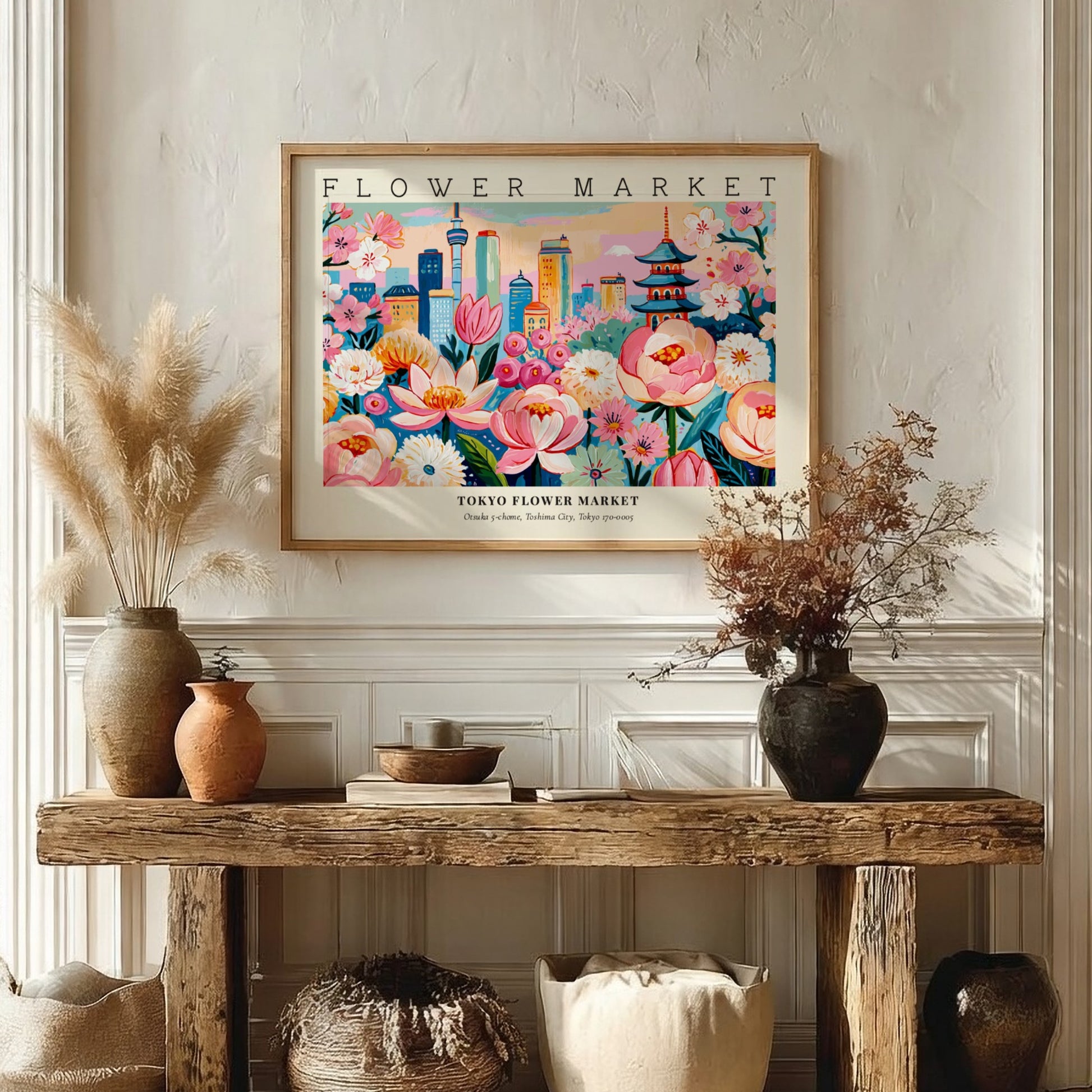 Tokyo flower market poster featuring vibrant flowers and city skyline in colorful design