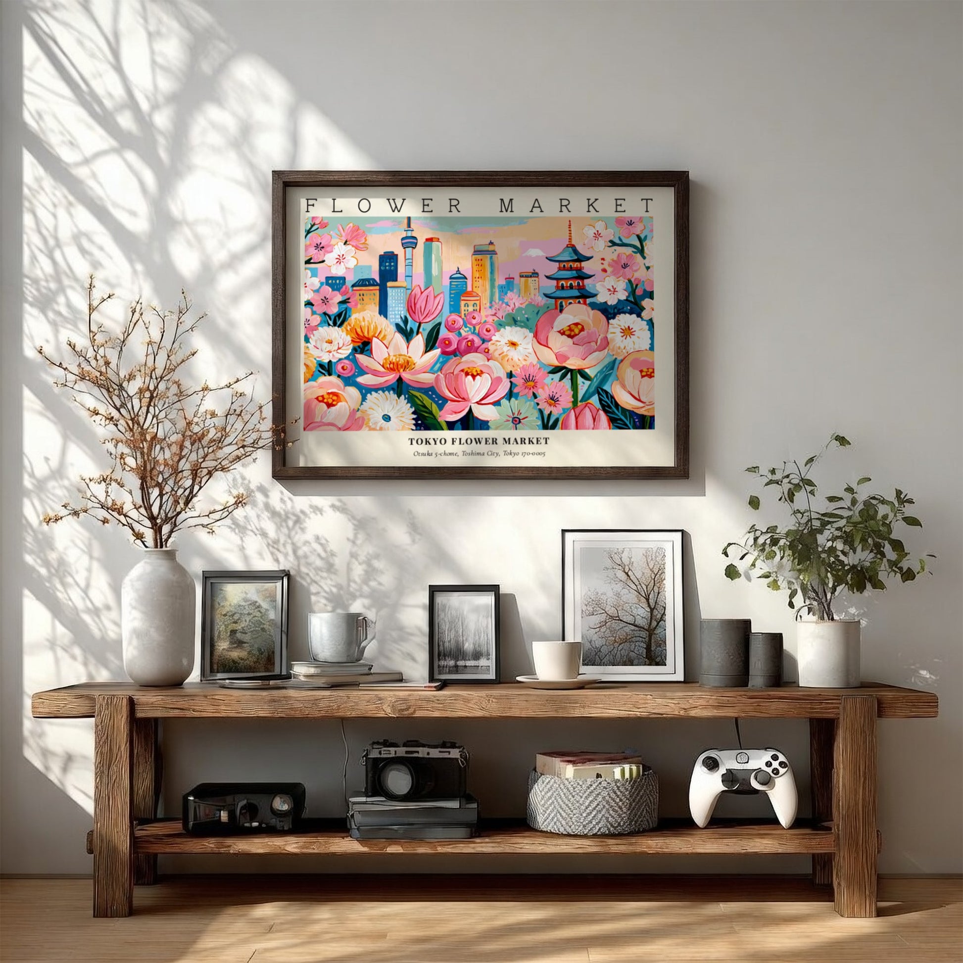 Flower market poster featuring vibrant pink flowers and a city skyline