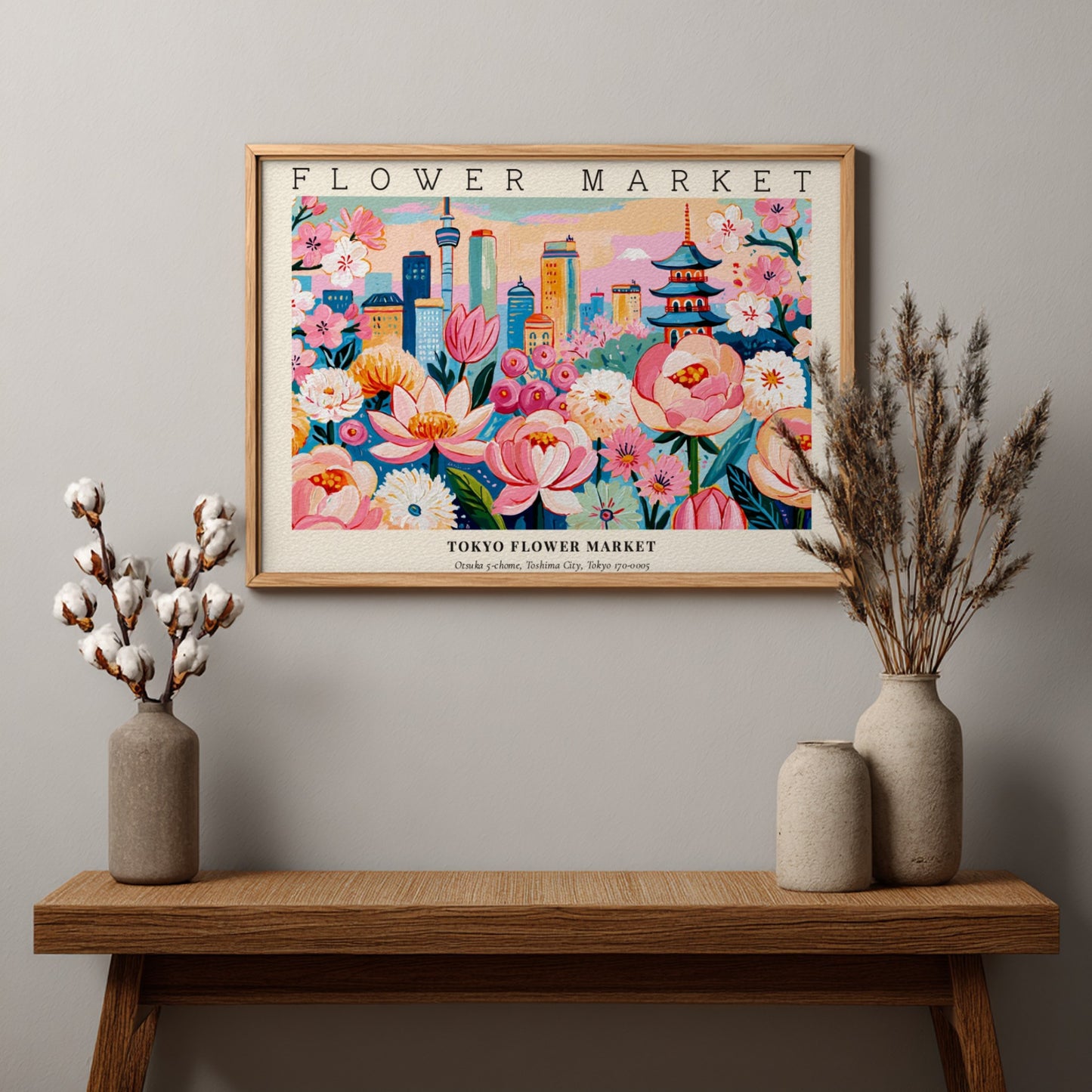 Flower market poster featuring vibrant pink flowers and a city skyline