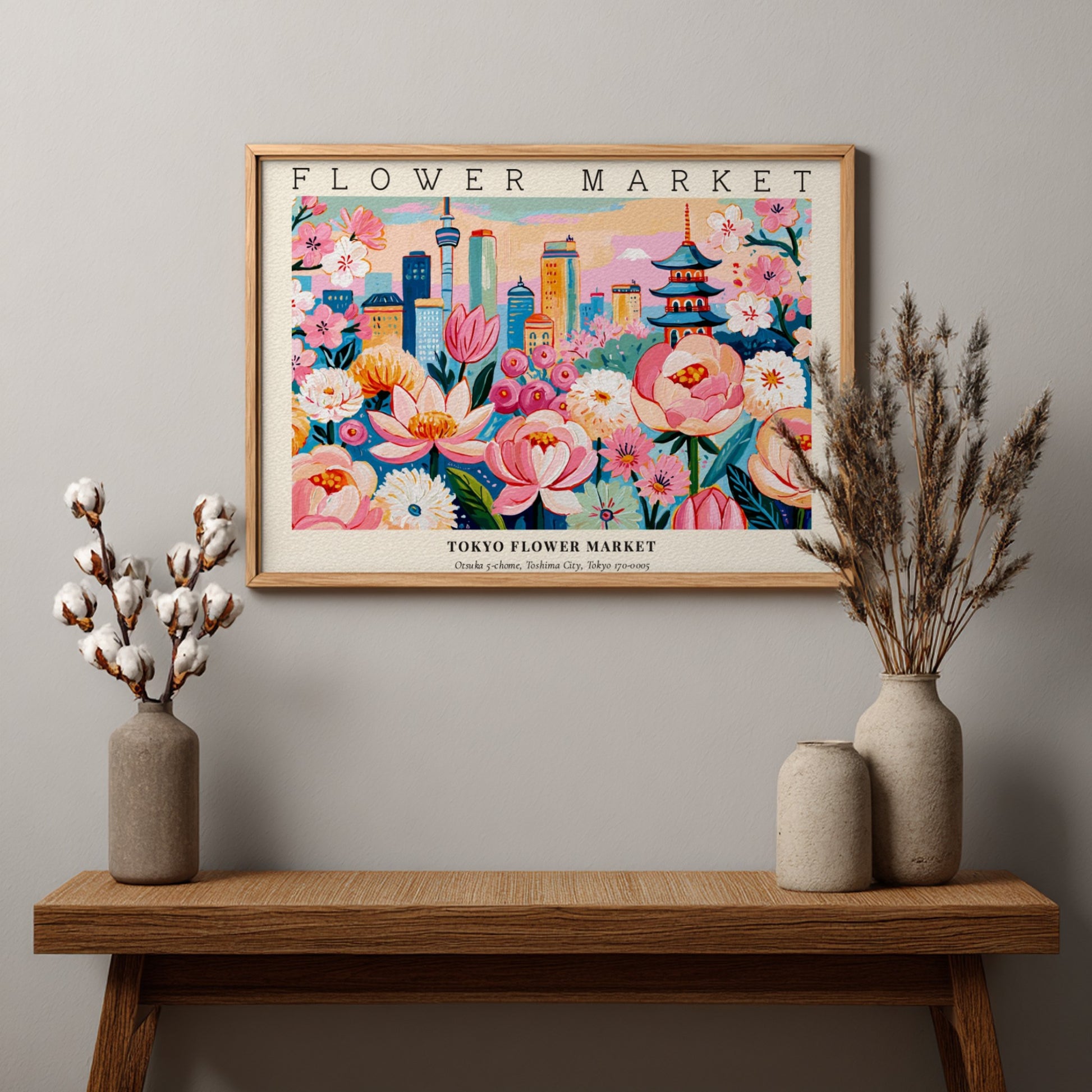 Flower market poster featuring vibrant pink flowers and a city skyline