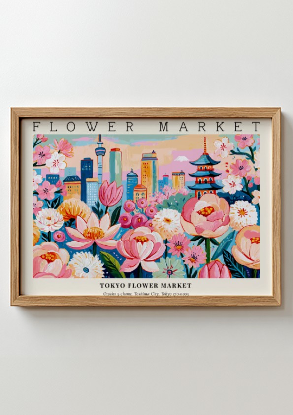 Flower market poster featuring vibrant pink flowers and a city skyline