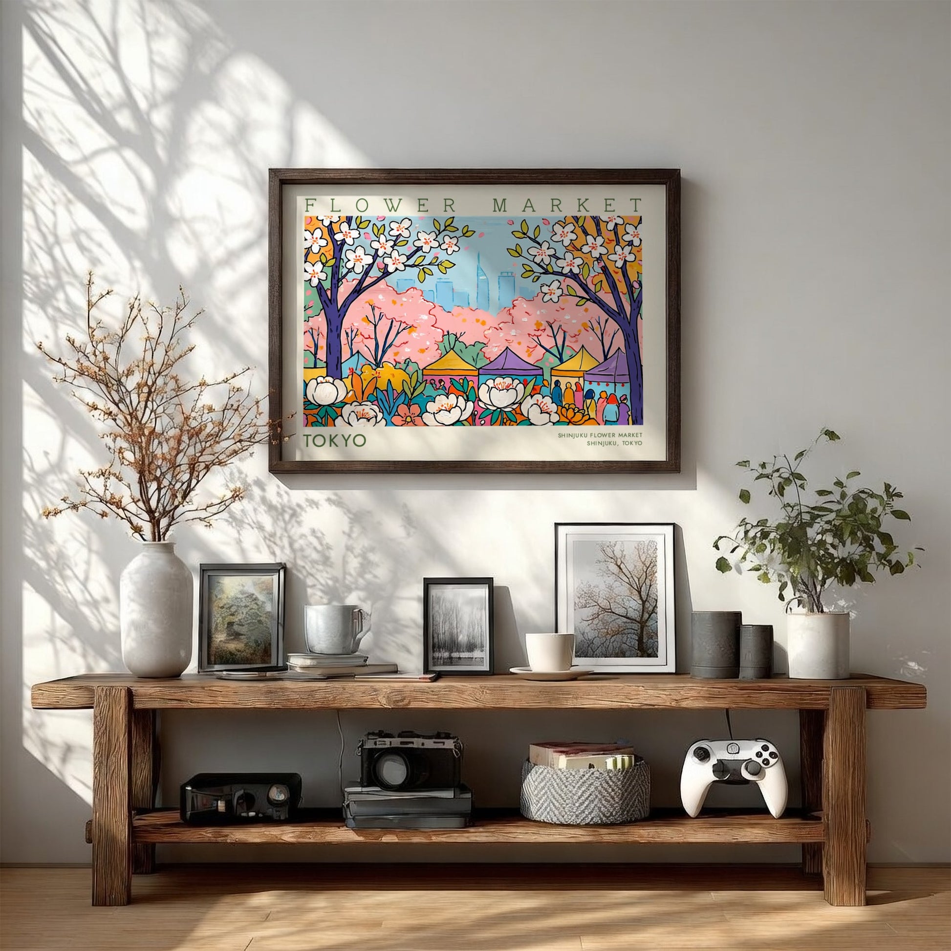 Tokyo flower market poster featuring cherry blossoms and city skyline in vibrant colors