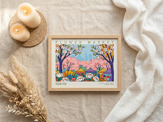 Tokyo flower market poster featuring cherry blossoms and city skyline in vibrant colors