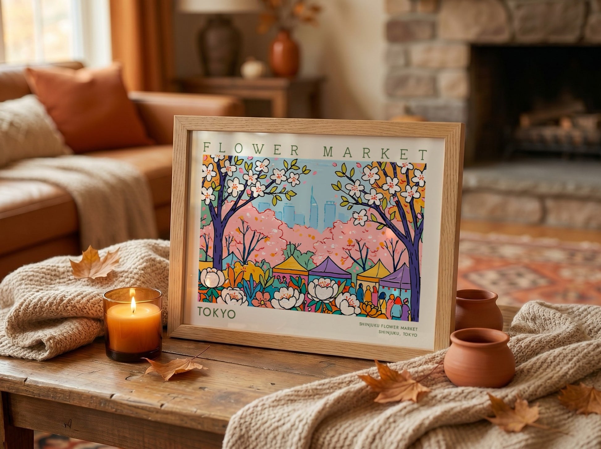 Tokyo flower market poster featuring cherry blossoms and city skyline in vibrant colors