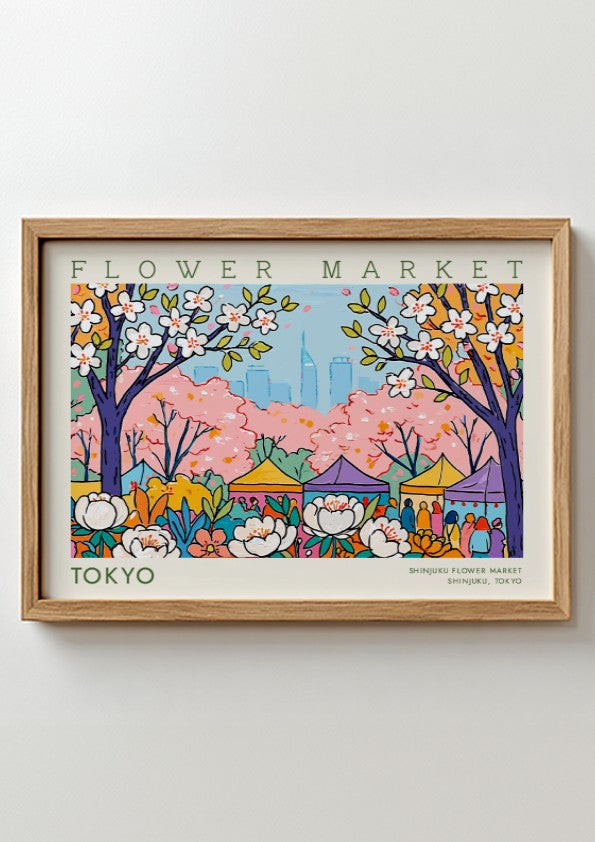 Tokyo flower market poster featuring cherry blossoms and city skyline in vibrant colors