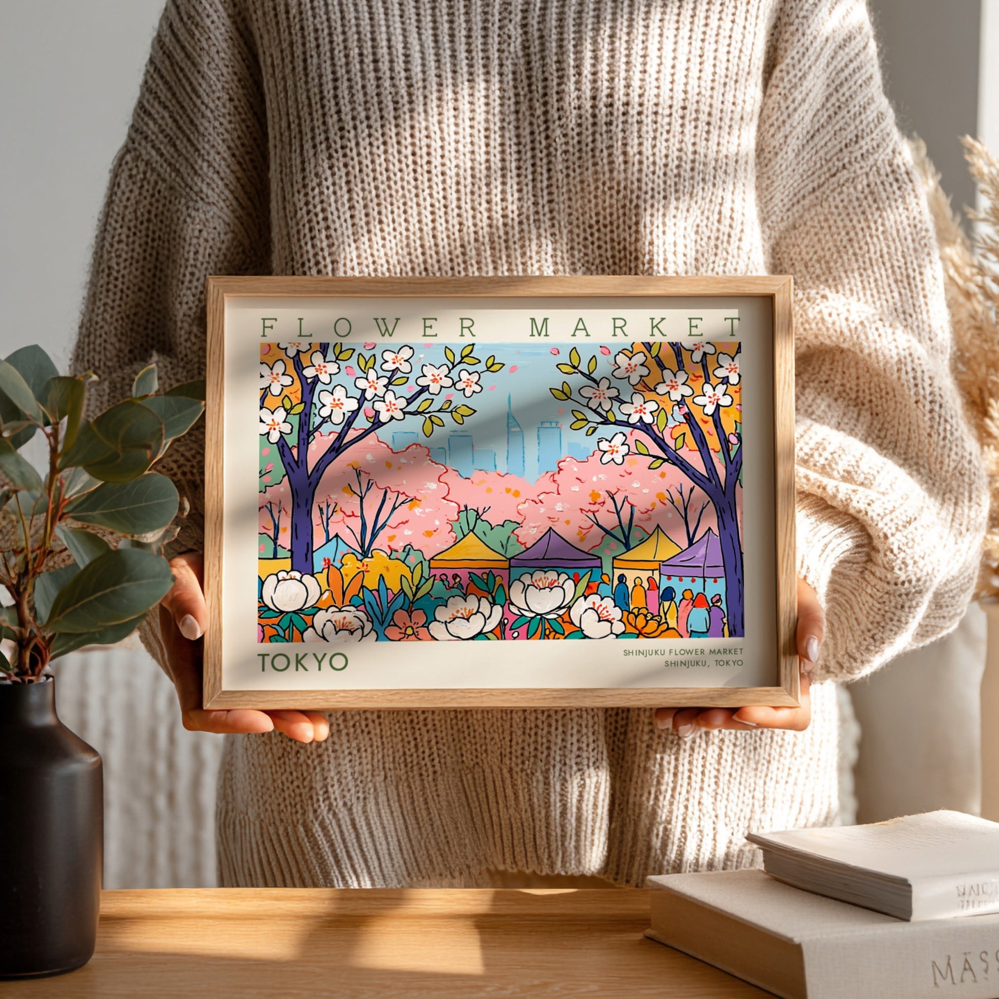 Tokyo flower market poster featuring cherry blossoms and city skyline in vibrant colors