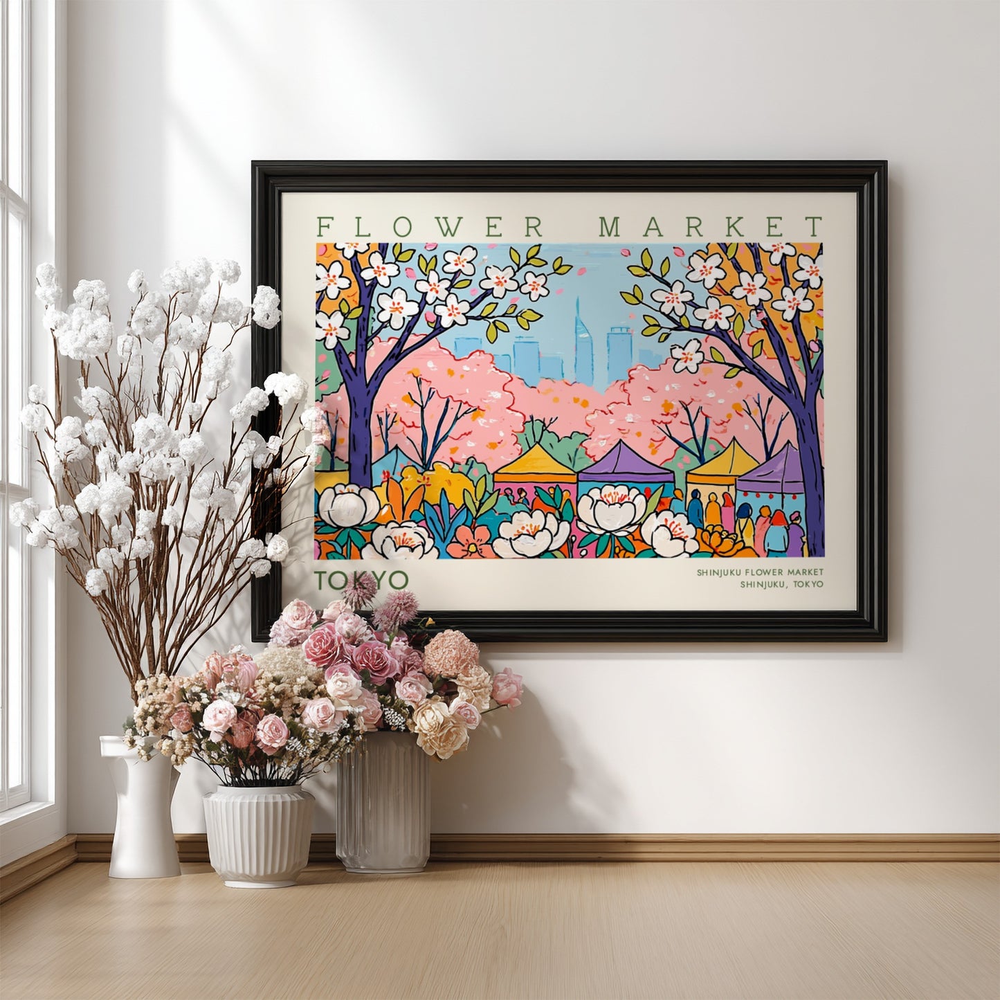 Tokyo flower market poster featuring cherry blossoms and city skyline in vibrant colors