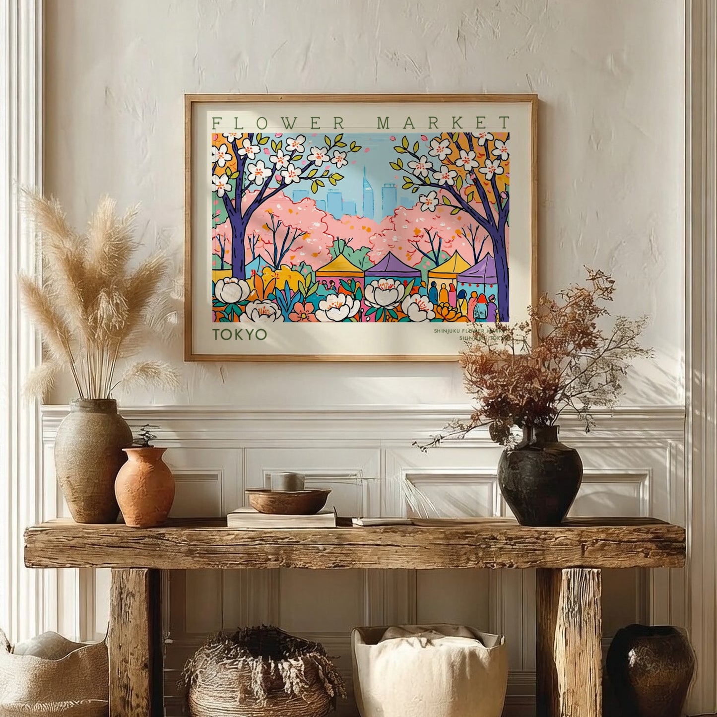 Tokyo flower market poster featuring cherry blossoms and city skyline in vibrant colors