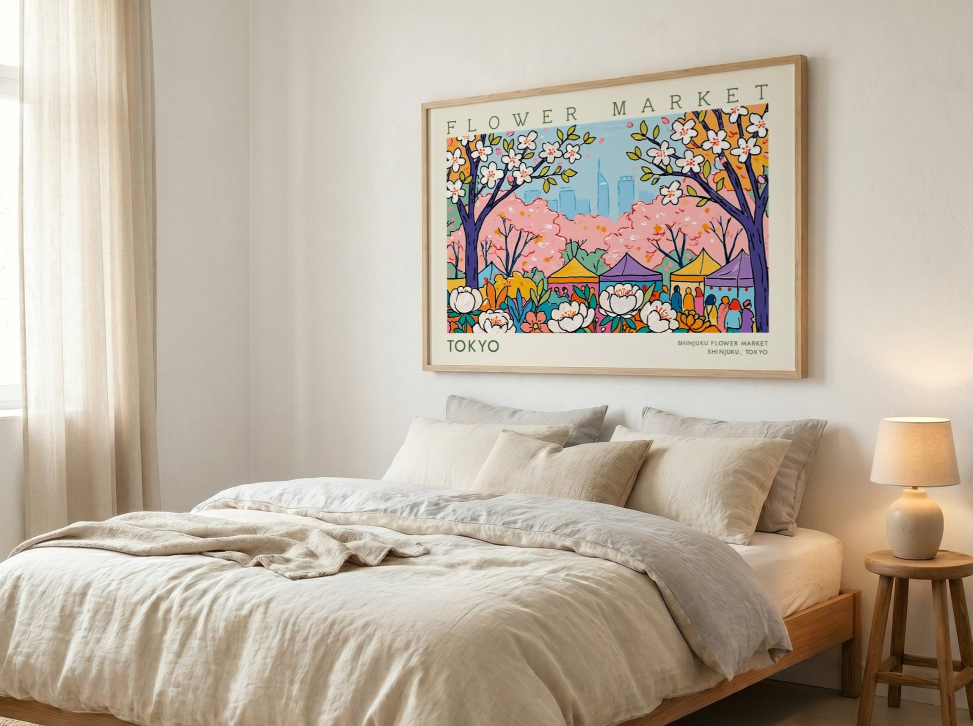 Tokyo flower market poster featuring cherry blossoms and city skyline in vibrant colors