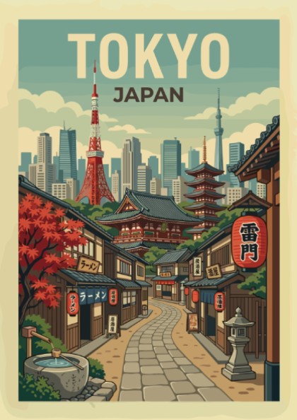 Tokyo street travel poster with retro illustration of a Japanese city lane and skyline in a warm color