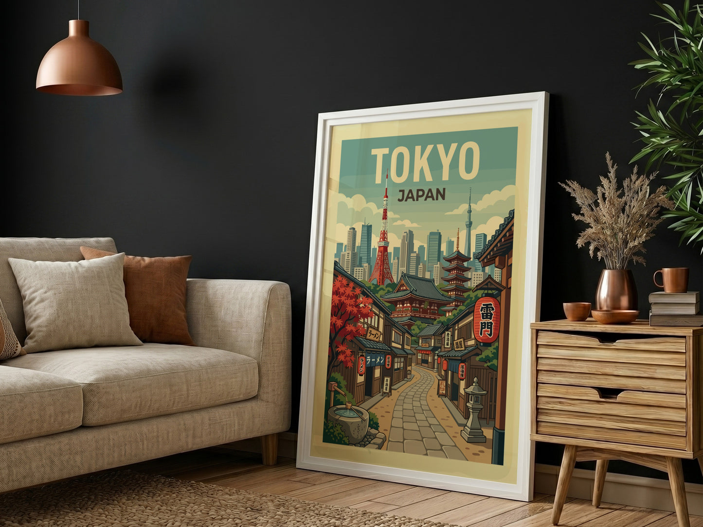 Tokyo street travel poster with retro illustration of a Japanese city lane and skyline in a warm color