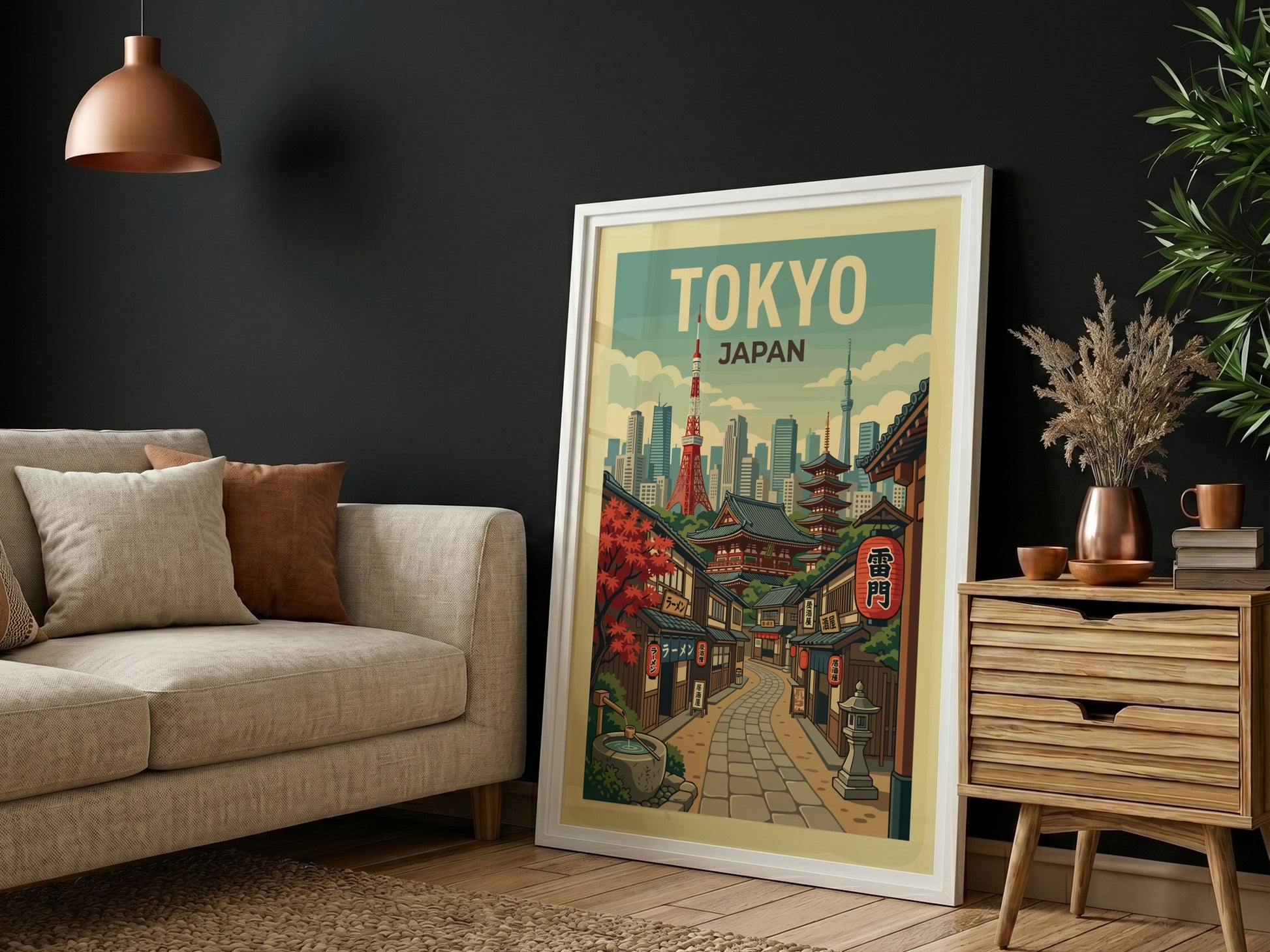 Tokyo street travel poster with retro illustration of a Japanese city lane and skyline in a warm color