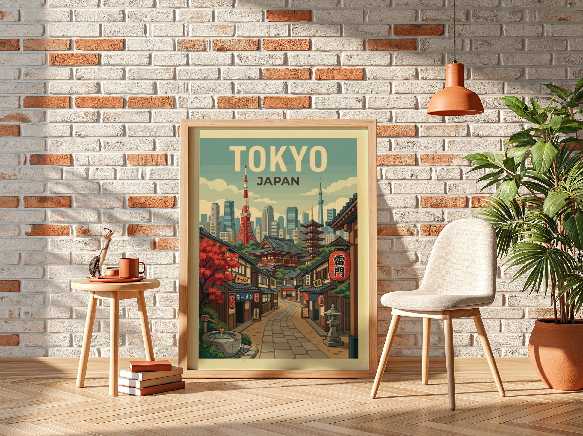 Tokyo street travel poster with retro illustration of a Japanese city lane and skyline in a warm color