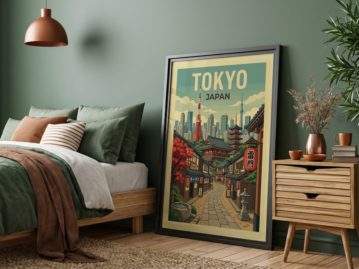 Tokyo street travel poster with retro illustration of a Japanese city lane and skyline in a warm color
