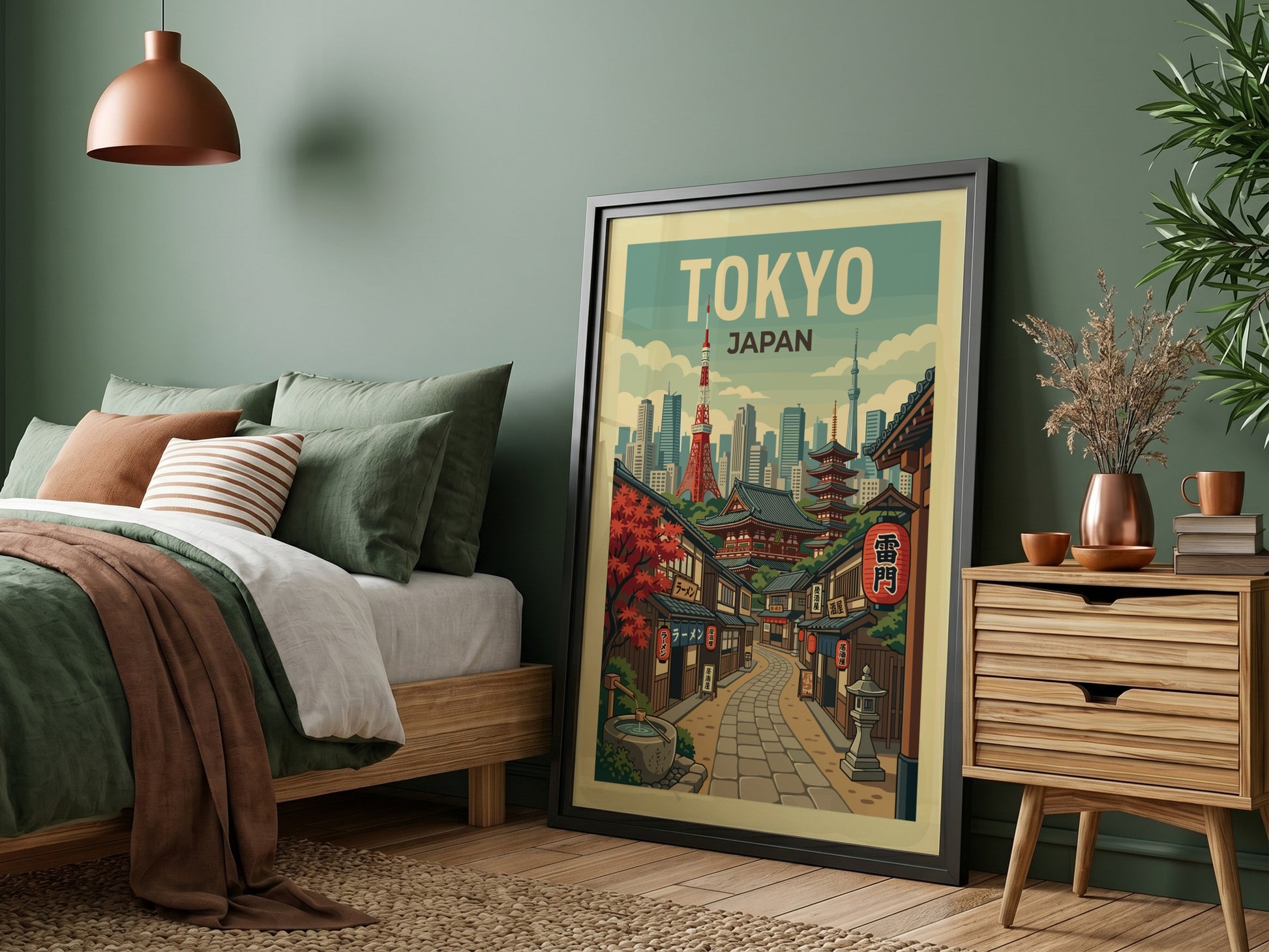 Tokyo street travel poster with retro illustration of a Japanese city lane and skyline in a warm color