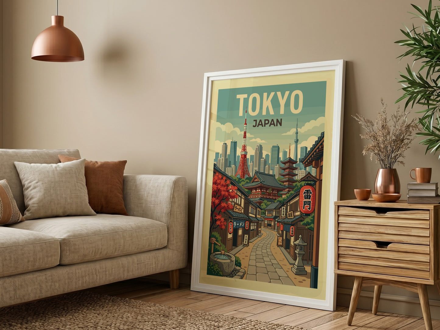Tokyo street travel poster with retro illustration of a Japanese city lane and skyline in a warm color