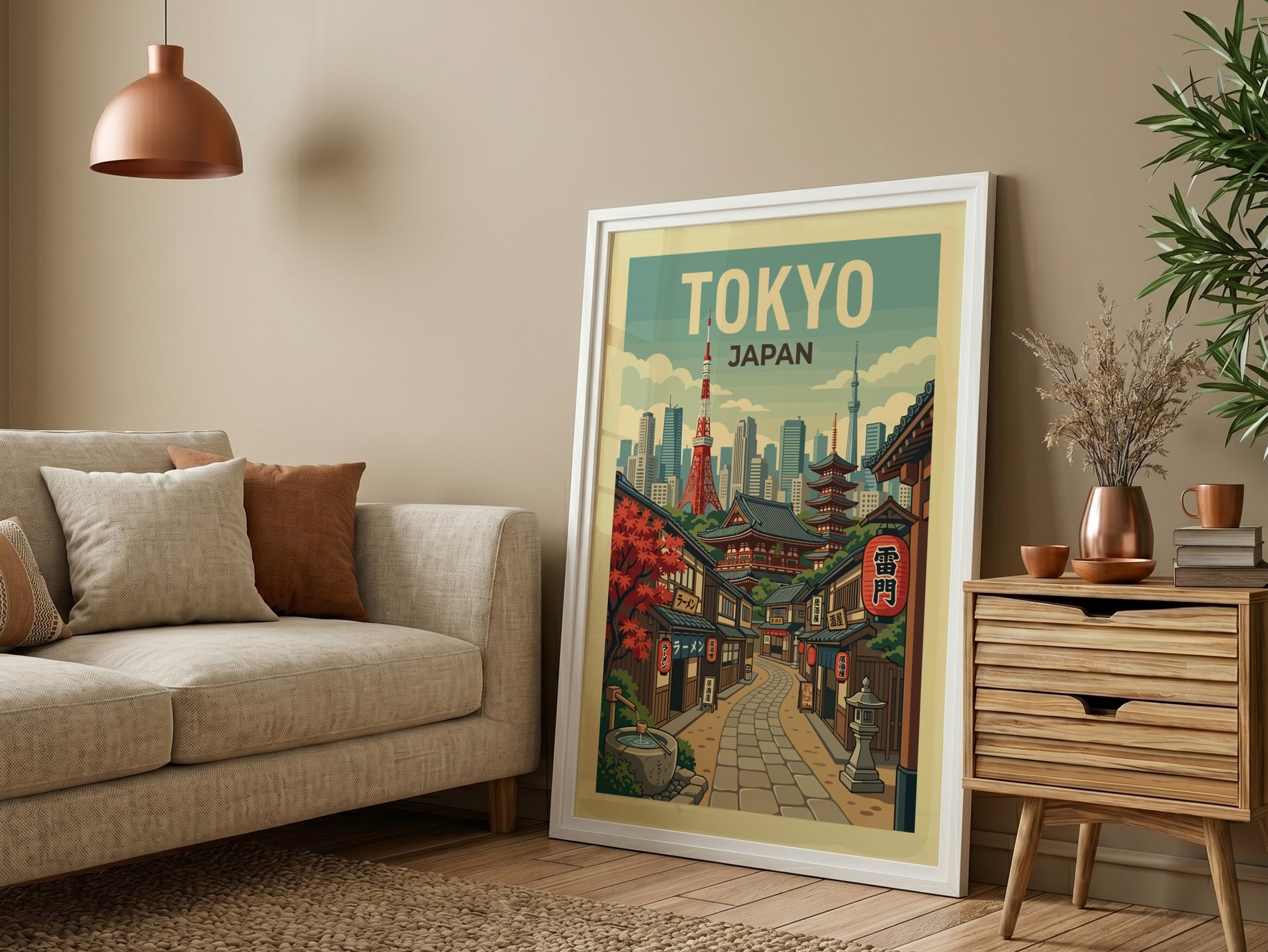 Tokyo street travel poster with retro illustration of a Japanese city lane and skyline in a warm color