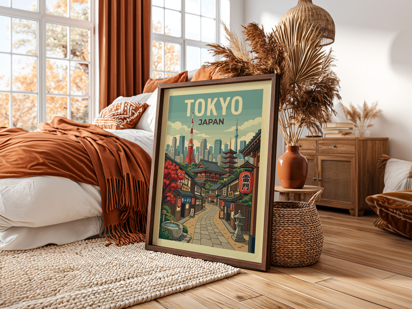 Tokyo street travel poster with retro illustration of a Japanese city lane and skyline in a warm color