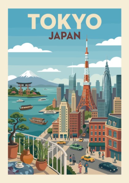 Vintage style Tokyo cityscape travel poster with Mount Fuji, Tokyo Tower, and boats.