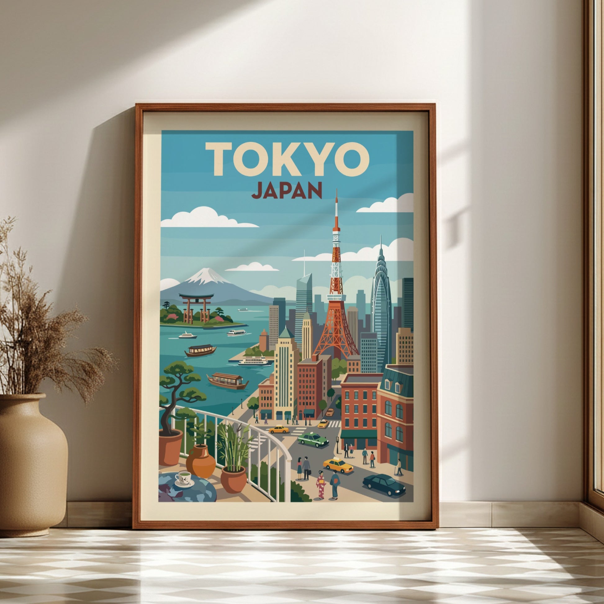 Vintage style Tokyo cityscape travel poster with Mount Fuji, Tokyo Tower, and boats.
