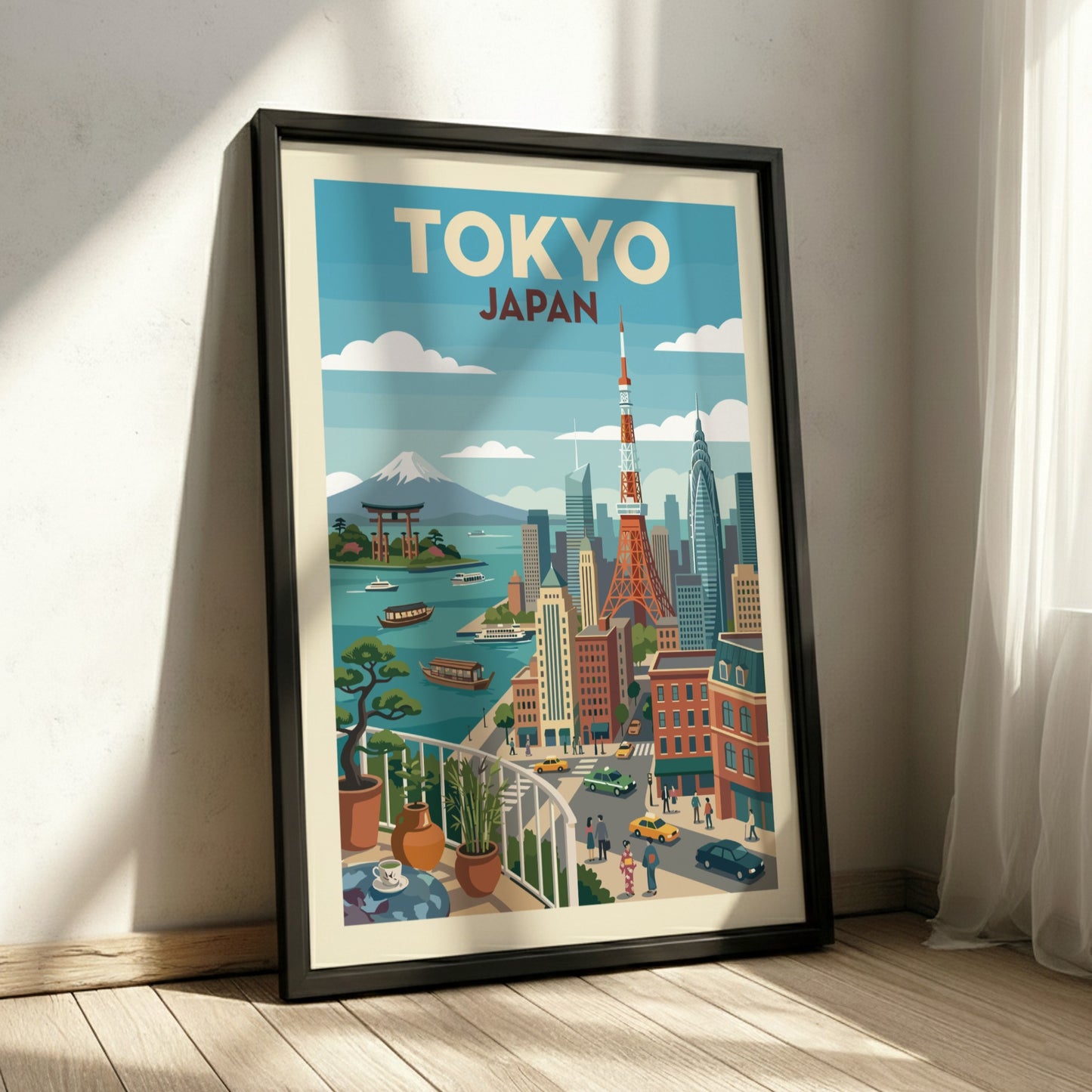 Vintage style Tokyo cityscape travel poster with Mount Fuji, Tokyo Tower, and boats.