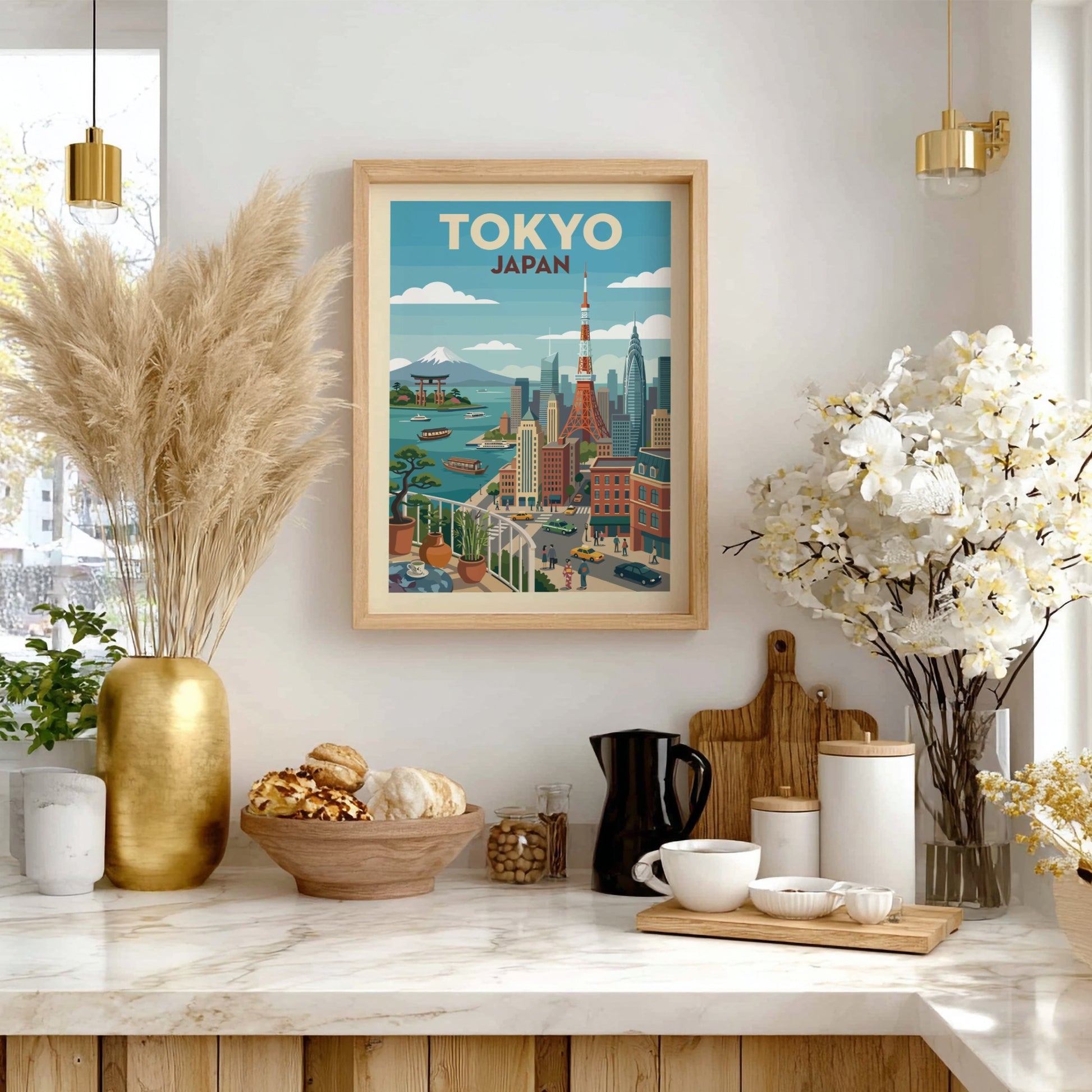 Vintage style Tokyo cityscape travel poster with Mount Fuji, Tokyo Tower, and boats.