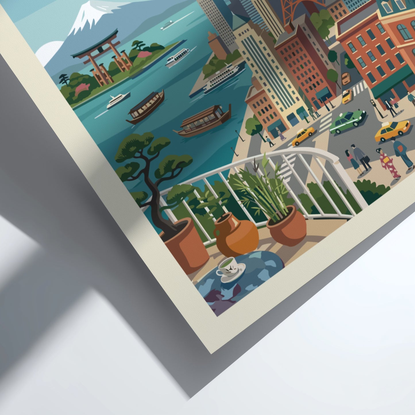 Vintage style Tokyo cityscape travel poster with Mount Fuji, Tokyo Tower, and boats.