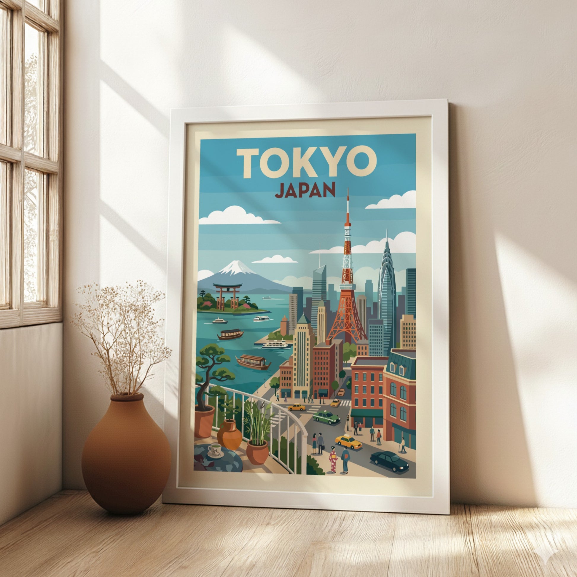 Vintage style Tokyo cityscape travel poster with Mount Fuji, Tokyo Tower, and boats.
