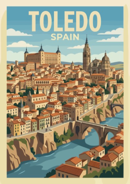 Poster of Toledo Spain featuring the historic city skyline, bridge, and river scenery.
