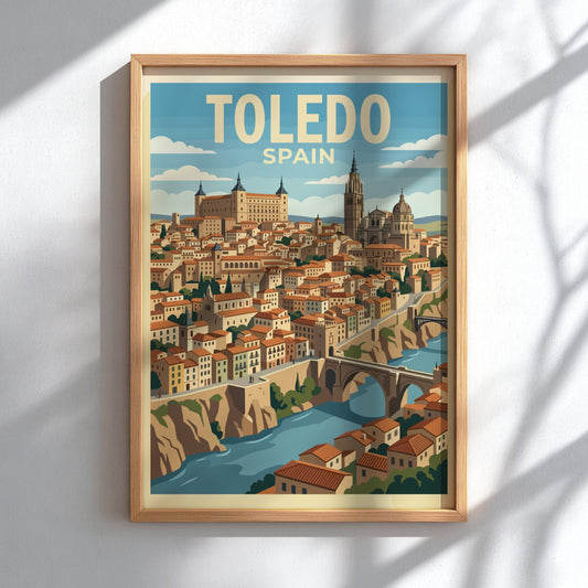 Poster of Toledo Spain featuring the historic city skyline, bridge, and river scenery.