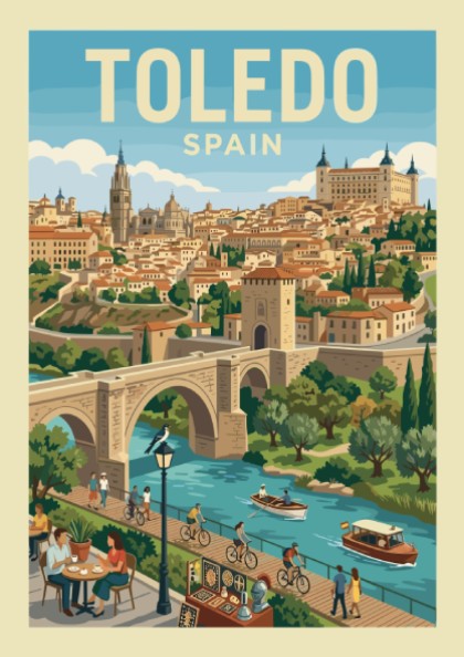 Vintage Toledo Spain travel poster with cityscape, river, and bridge in a warm color palette.
