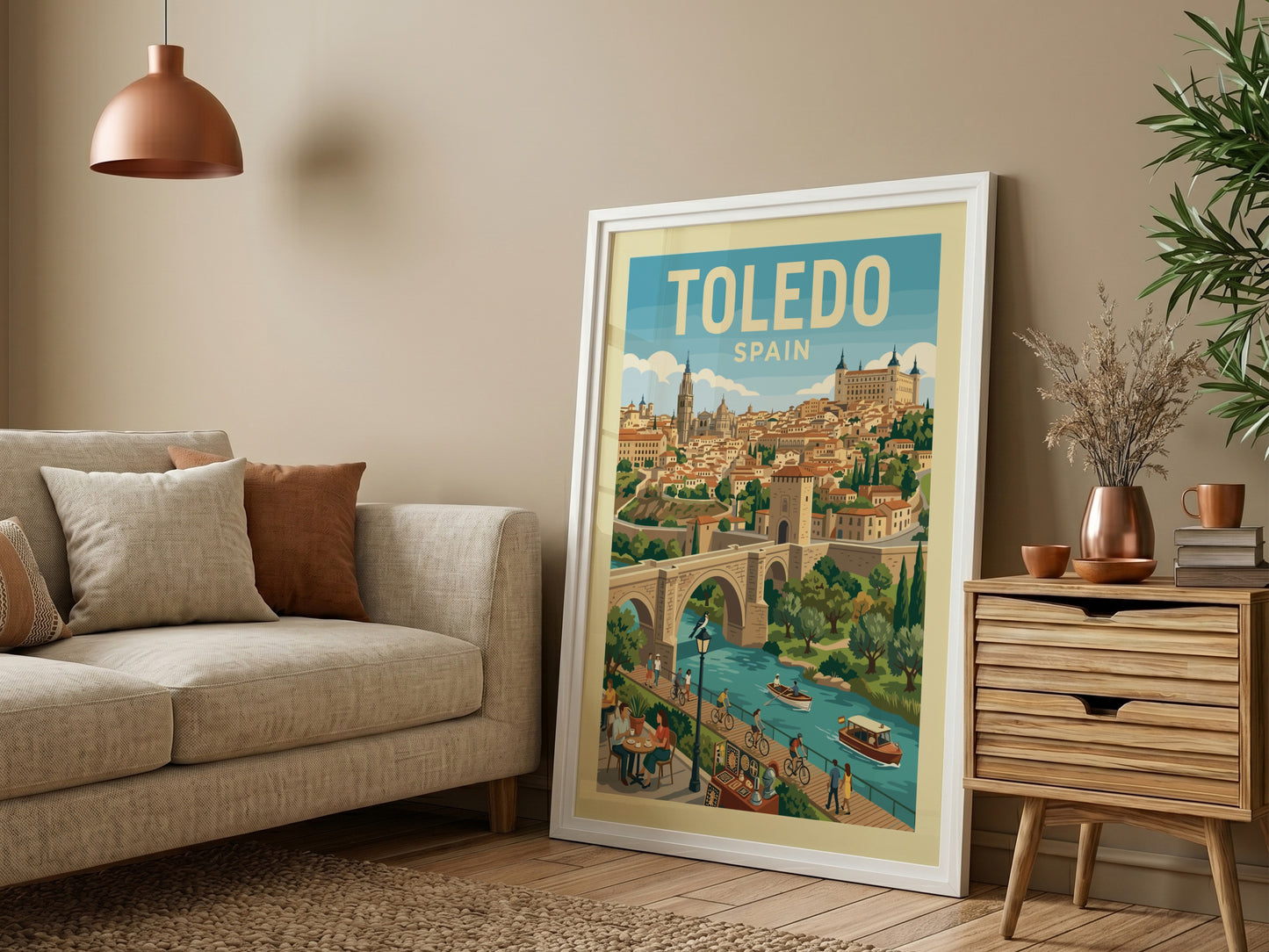 Vintage Toledo Spain travel poster with cityscape, river, and bridge in a warm color palette.